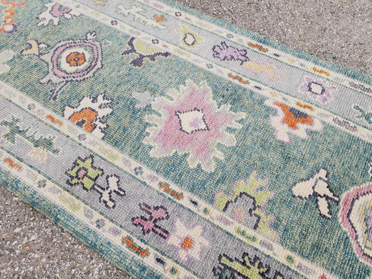 2x7 Green Oushak Runner Rug, Eco Friendly Rug, Up Cycled Wool, Kitchen Decor