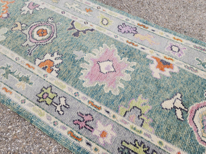 2x7 Green Oushak Runner Rug, Eco Friendly Rug, Up Cycled Wool, Kitchen Decor