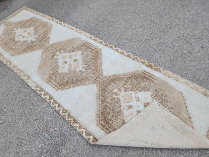 3x11 Wool Turkish Runner Rug: Neutral Rustic Hallway Entry Rug