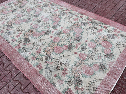 Handwoven Turkish Oushak Rug: 3.8x6.5, Wool & Cotton Floral Rug