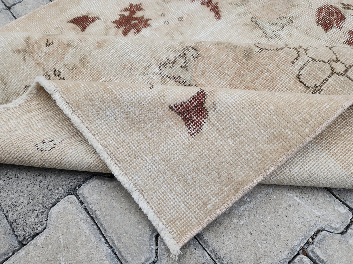 3x6 Vintage Turkish Oushak Rug: Beige Floral Entryway Rug