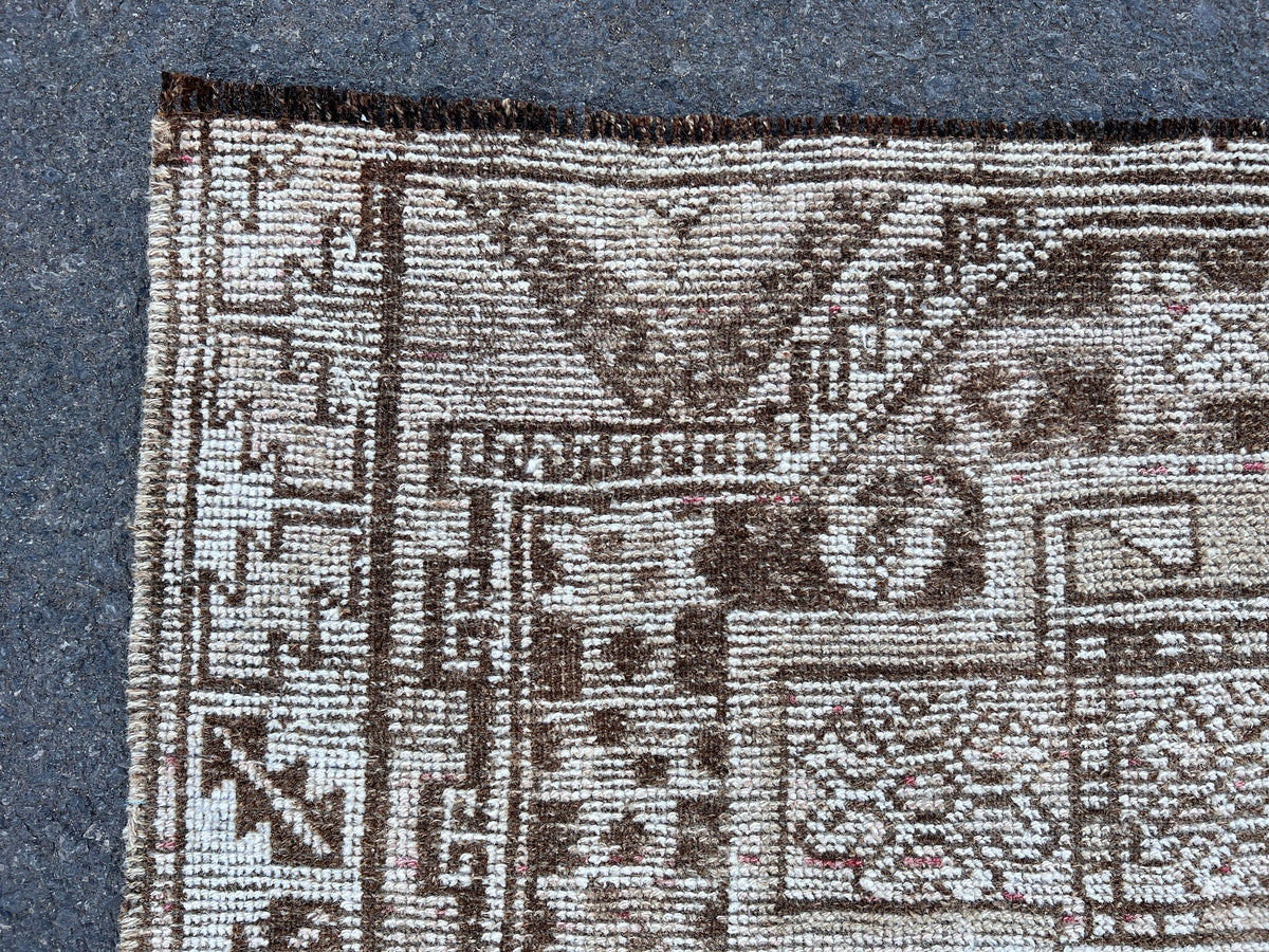 Handwoven Wool Turkish Rug 4x10: Neutral Bohemian Entry Rug