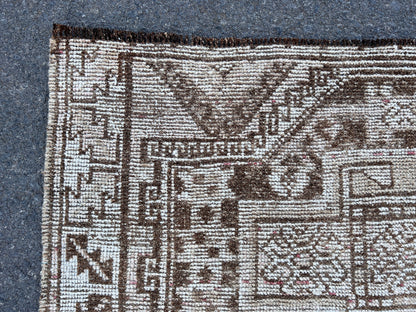 Handwoven Wool Turkish Rug 4x10: Neutral Bohemian Entry Rug