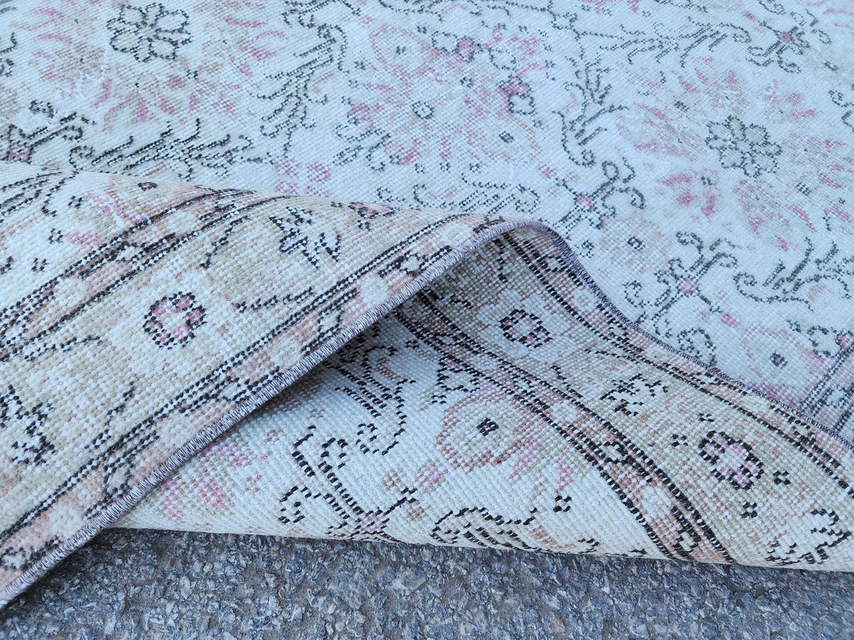 Neutral Wool Rug 4x7: Turkish Oushak Hand Knotted, Floral Design