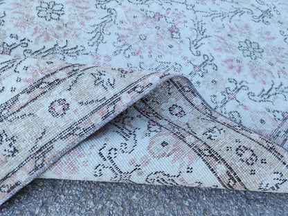 Neutral Wool Rug 4x7: Turkish Oushak Hand Knotted, Floral Design