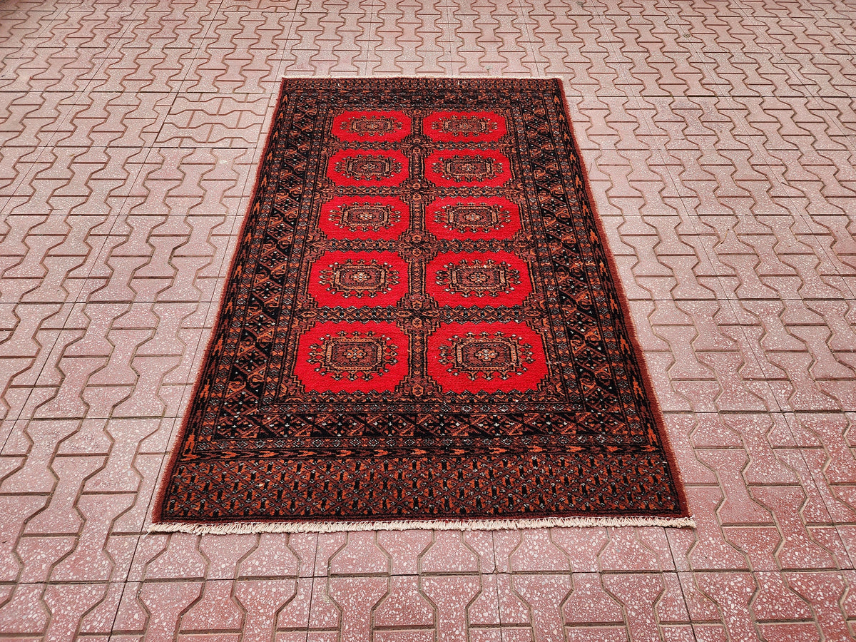 Hand Knotted Wool Turkish Rug 3x5: Red Bohemian Oushak Rug