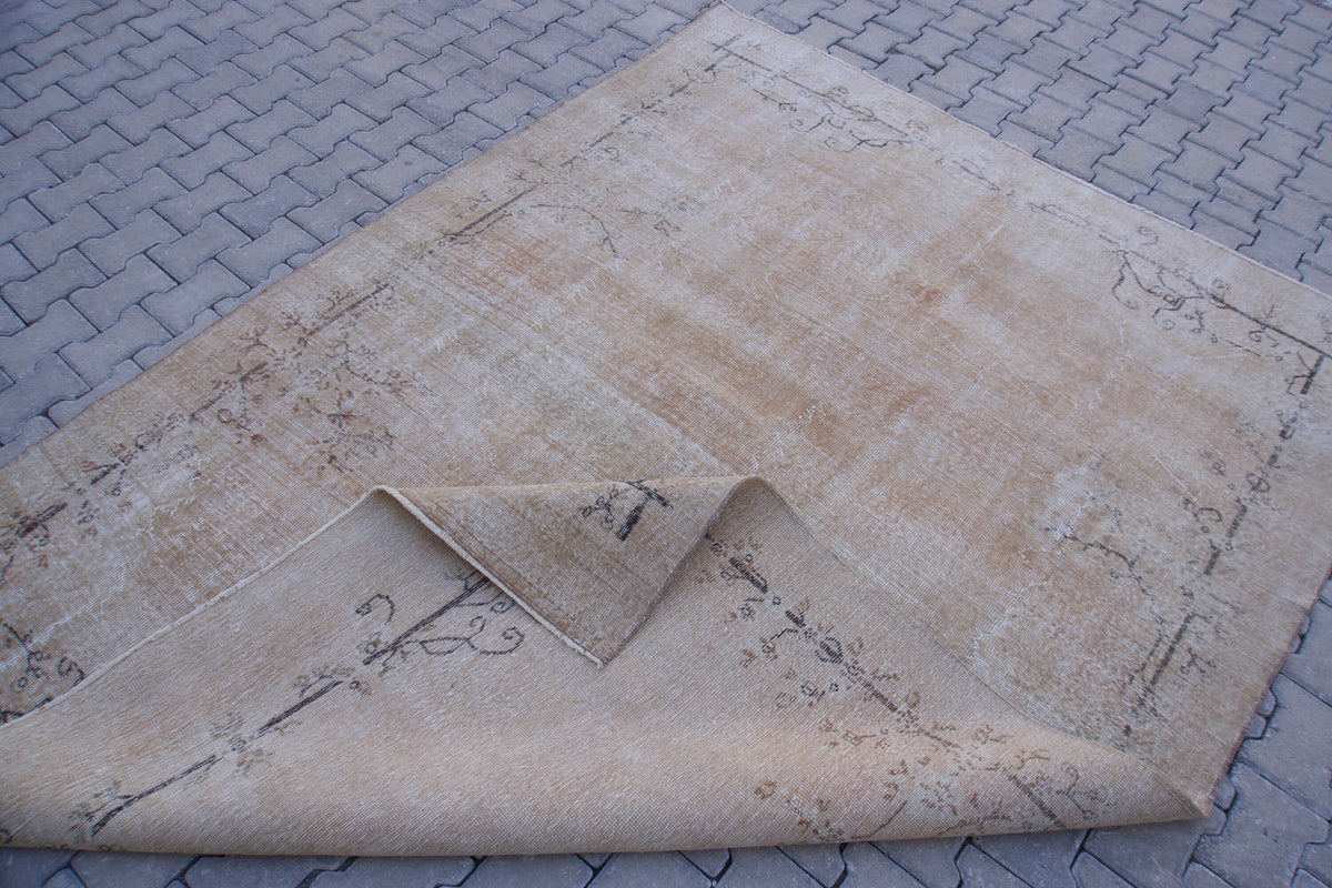 7x9 Handwoven Turkish Oushak Rug: Tan Bohemian Wool & Cotton