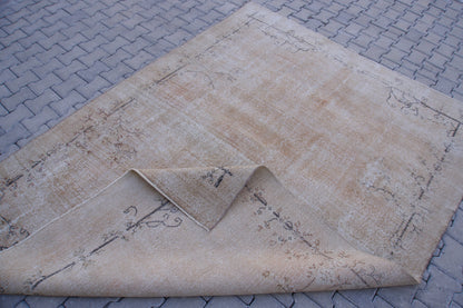 7x9 Handwoven Turkish Oushak Rug: Tan Bohemian Wool & Cotton