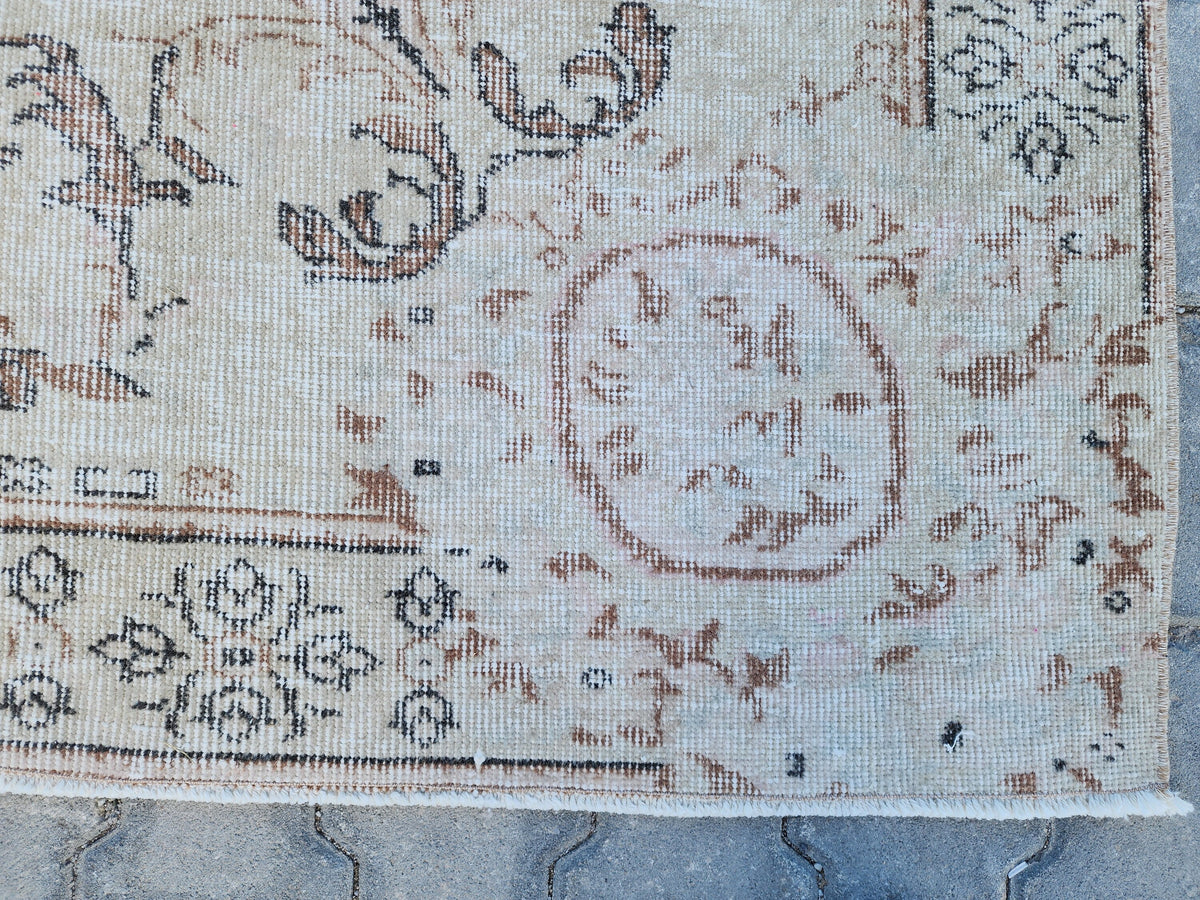 Muted Ivory Turkish Wool Rug 6x10: Semi Antique Neutral Rug