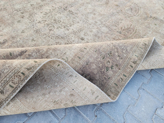 9×12 Vintage Wool Rug, Hand Knotted, Neutral Beige Oriental Persian Traditional Carpet