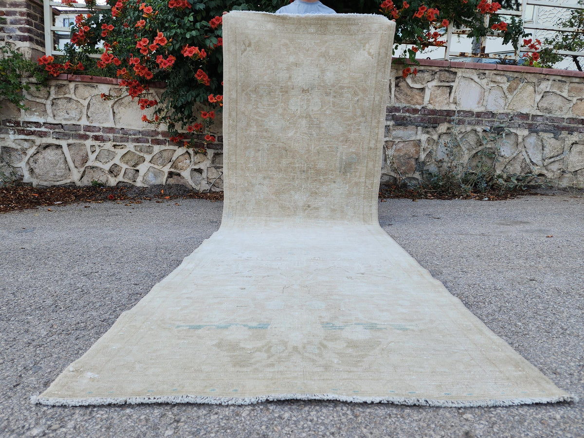 Neutral Muted Runner Rug 3x10, Bohemian Home Decor, Turkish Hand Made Carpet, Beige Color