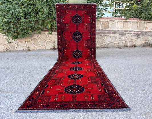 Vintage Turkmen Runner Rug 2.7x9 ft, Hand Knotted Red Wool, Bohemian Hallway Decor