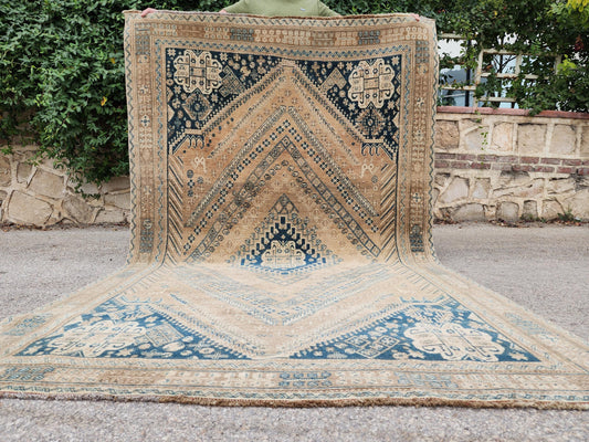 5x8 Vintage Area Rug, Neutral Brown Wool Hand Made Carpet, Living Room Decor