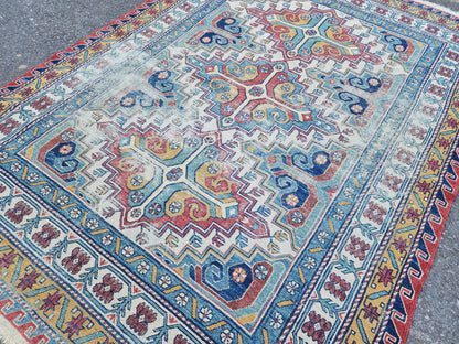 5x8 Antique Soumak Rug, Handwoven Wool Bohemian Eclectic Area Rug, Neutral Accent Decor