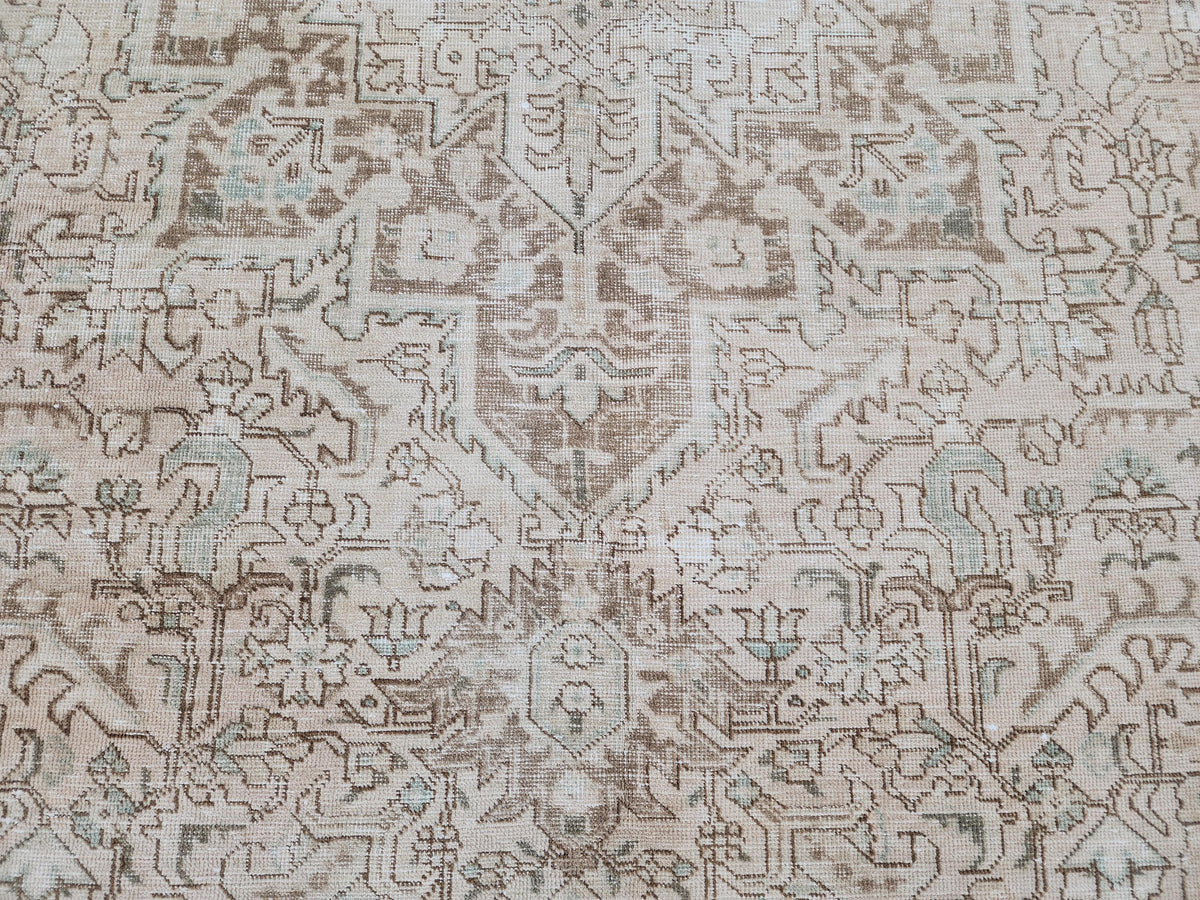 Heriz Neutral Rug 9x12, Hand Knotted Beige And Brown Wool, Living Room Rustic Decor