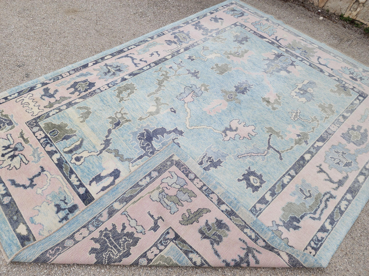 Handwoven Oushak Rug 8x10: Up Cycled Wool Carpet, Pastel Blue & Pink