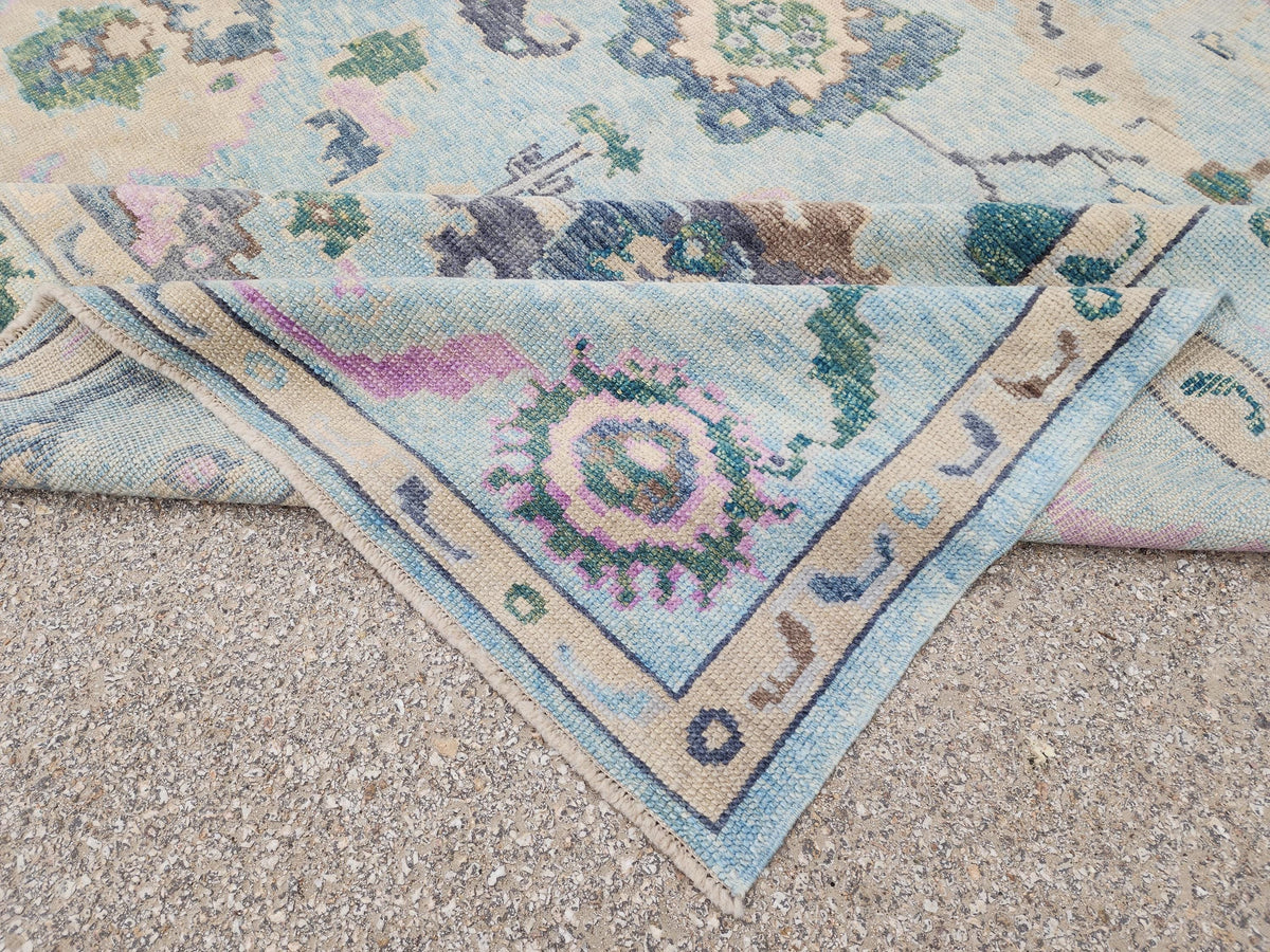 9x10 Oushak Rug: Pastel Blue Floral Up Cycled Wool Carpet, Vintage Boho Style,