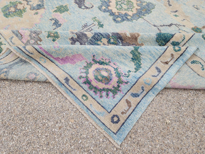 9x10 Oushak Rug: Pastel Blue Floral Up Cycled Wool Carpet, Vintage Boho Style,