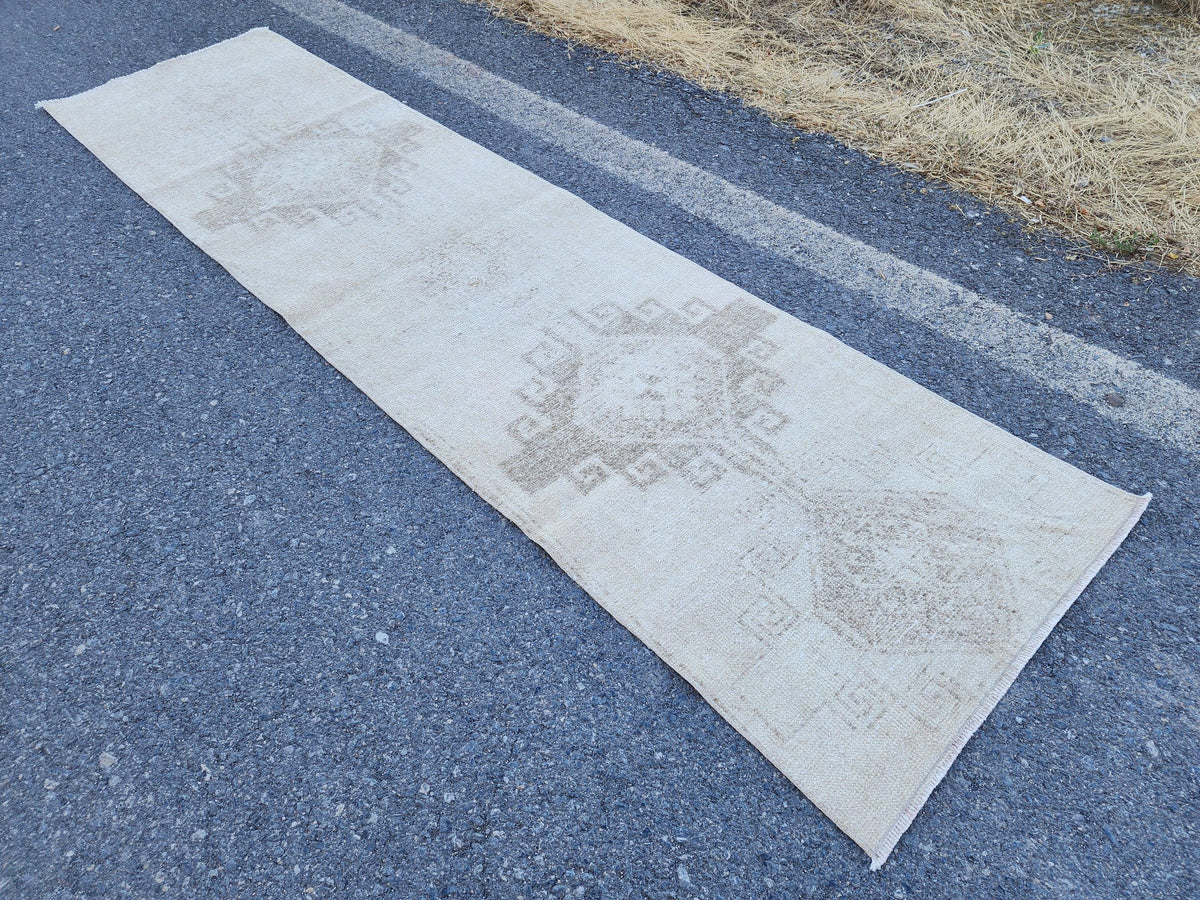 Neutral Turkish Rug 2.5 x 9.7 ft, Bohemian Hand Knotted Rustic Decor, Kitchen Decor