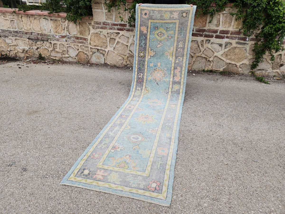 3x10 Handwoven Oushak Wool Runner Rug: Pastel Blue Floral Hallway Rug, Home Rustic Decor