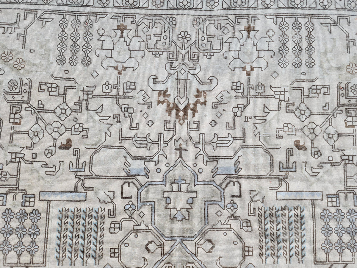 Vintage 9x13 Neutral Oriental Rug: Hand Woven Wool Cotton Area Rug, Geometric Pattern Carpet
