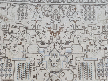 Vintage 9x13 Neutral Oriental Rug: Hand Woven Wool Cotton Area Rug, Geometric Pattern Carpet