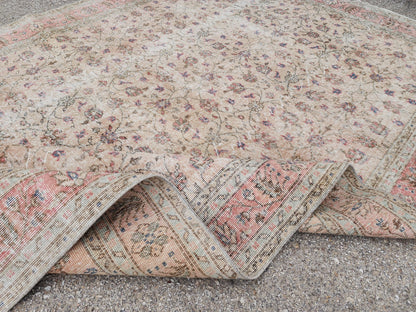 Handwoven Wool Oushak Rug 7x11: Vintage Turkish Neutral Area Rug