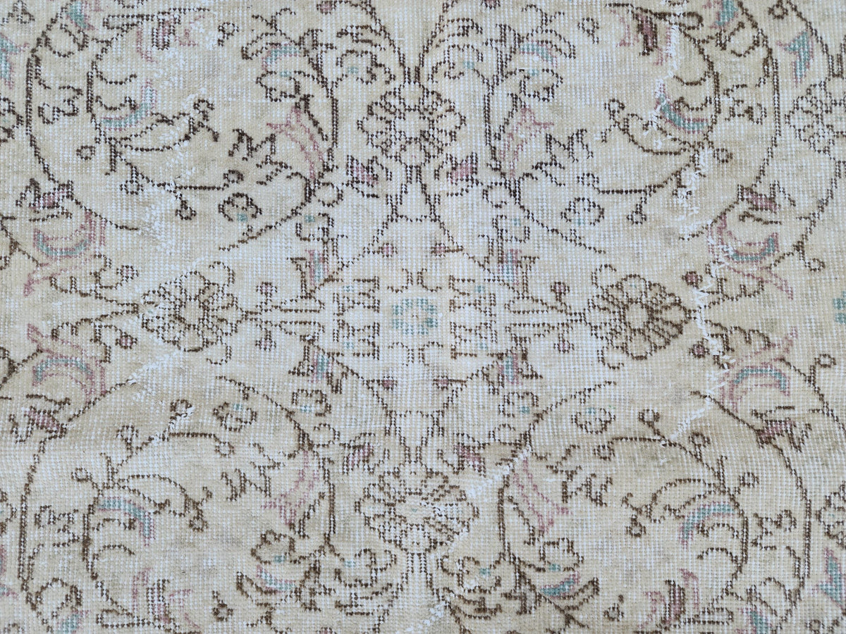 7x10 Vintage Oushak Rug: Hand-Knotted Wool, Distressed Beige Carpet