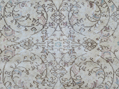 7x10 Vintage Oushak Rug: Hand-Knotted Wool, Distressed Beige Carpet