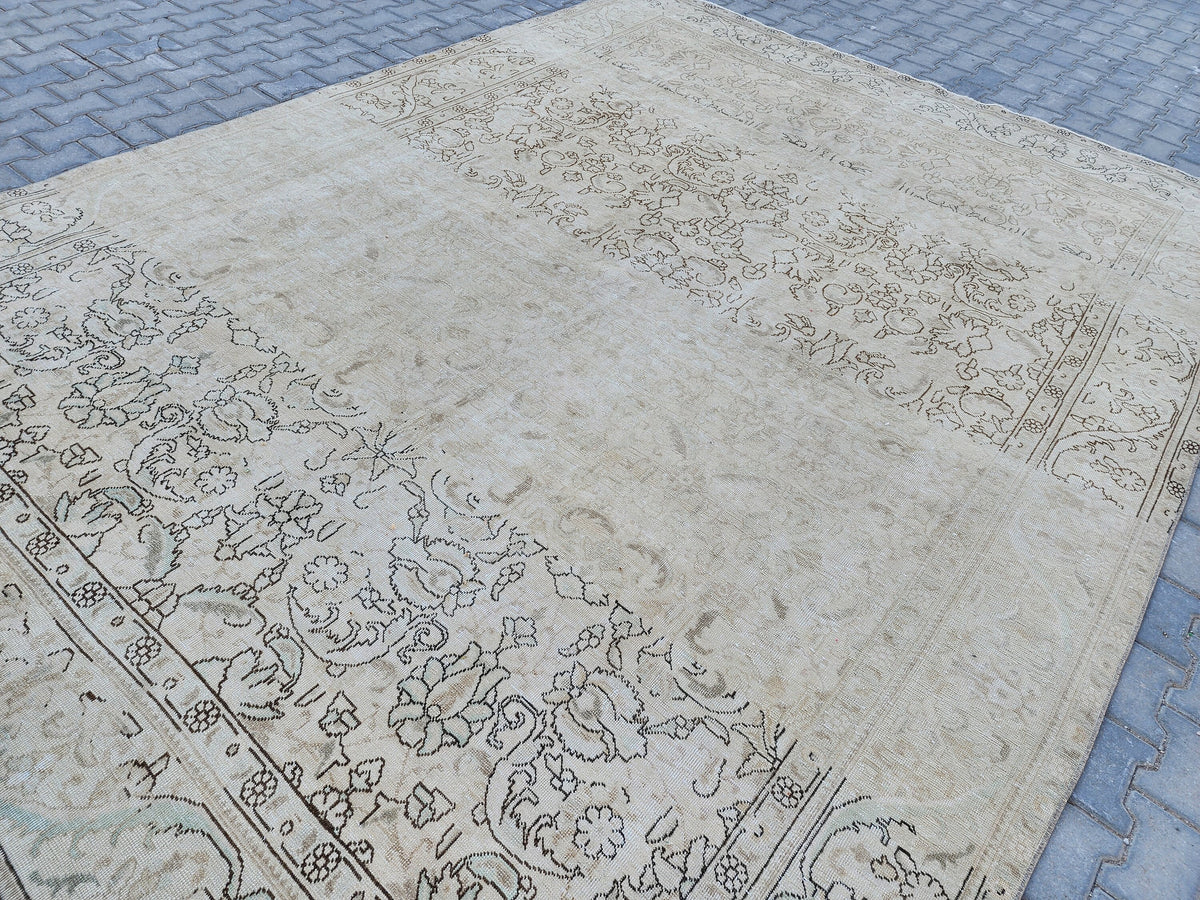 Vintage Hand Knotted Wool Rug 9×12, Persian Beige Oriental Traditional Carpet