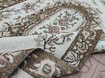 Vintage Oushak Rug 3x6: Handwoven Wool & Cotton Turkish Rug