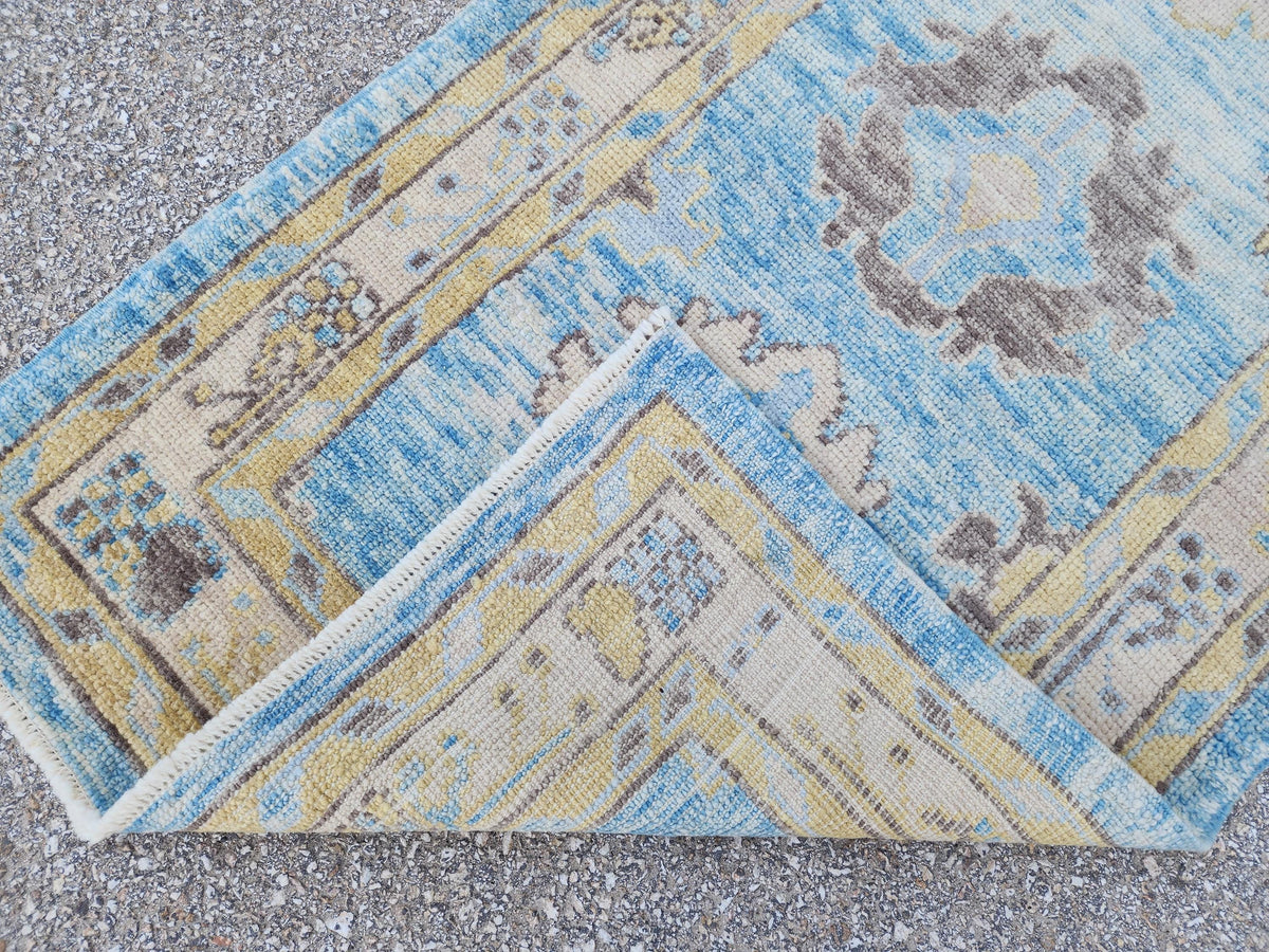 Oushak Wool Runner 3x11: Patina Blue Turkish Entry Rug, Oriental Home Decor