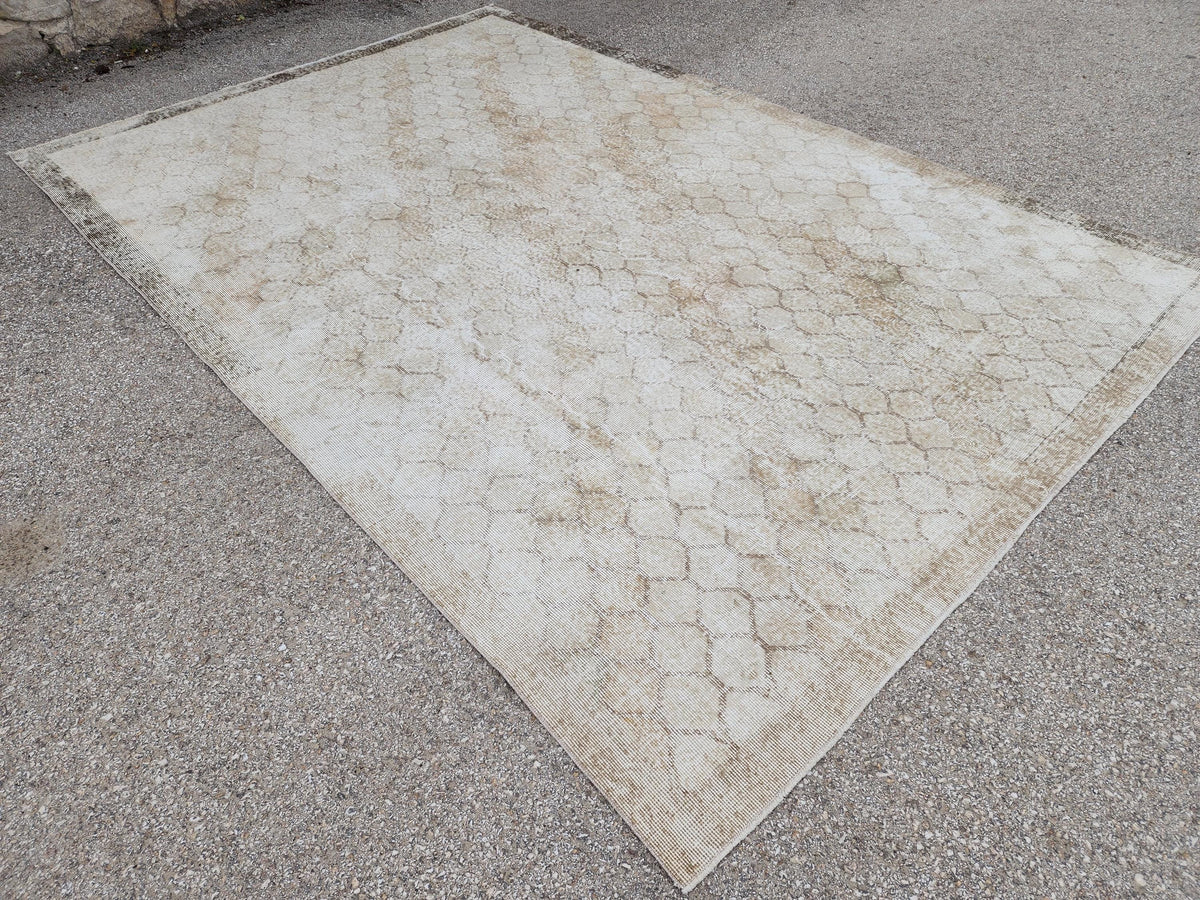 7x10 Turkish Oushak Rug: Neutral Geometric Wool Area Rug