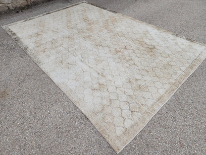 7x10 Turkish Oushak Rug: Neutral Geometric Wool Area Rug