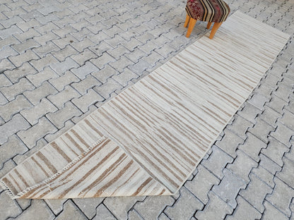 2x11 Hand Knotted Turkish Kilim Runner Rug: Neutral Wool, Rustic Decor