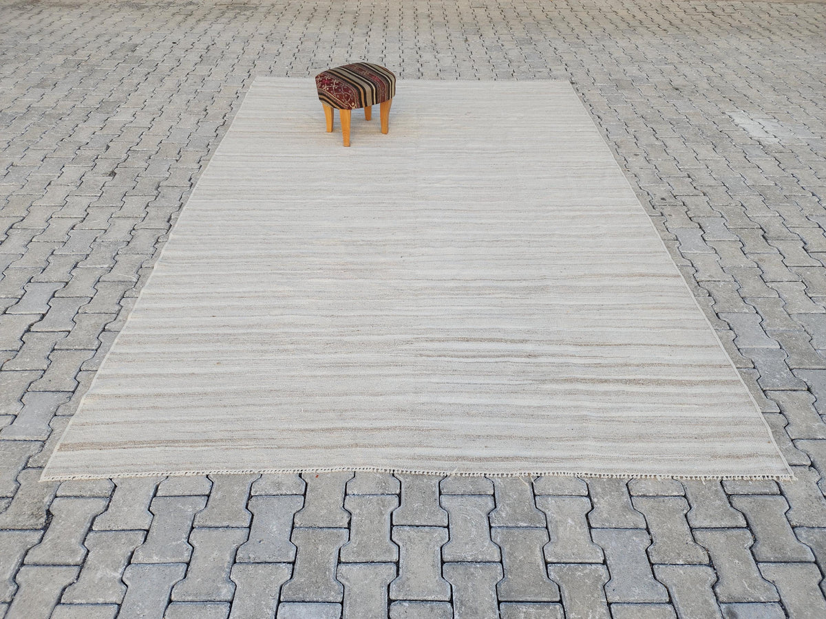Handwoven Turkish Kilim Rug 8x11: Neutral Wool, Rustic Decor
