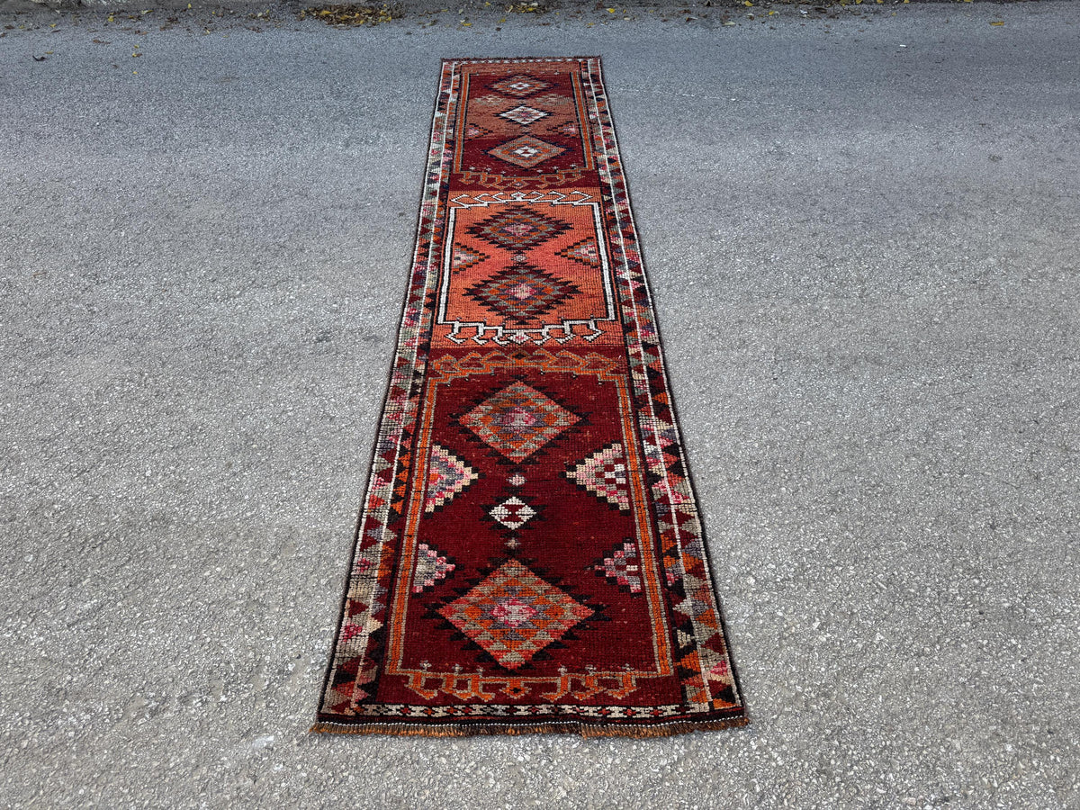 2x11 Runner Rug: Vintage Wool in Maroon and Orange with Geometric Tribal Pattern