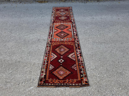 2x11 Runner Rug: Vintage Wool in Maroon and Orange with Geometric Tribal Pattern