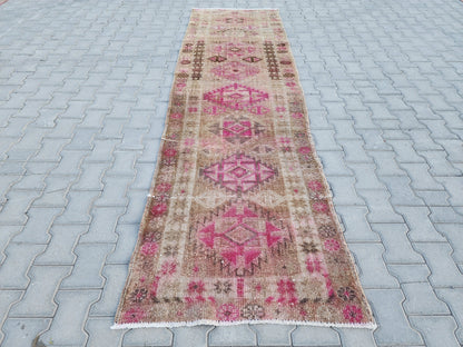 3x11 Vintage Runner Rug : Herki Handwoven Wool, Pink & Brown