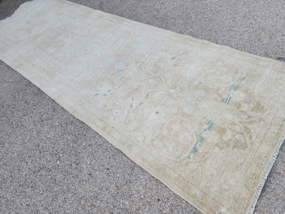 Neutral Muted Runner Rug 3x10, Bohemian Home Decor, Turkish Hand Made Carpet, Beige Color
