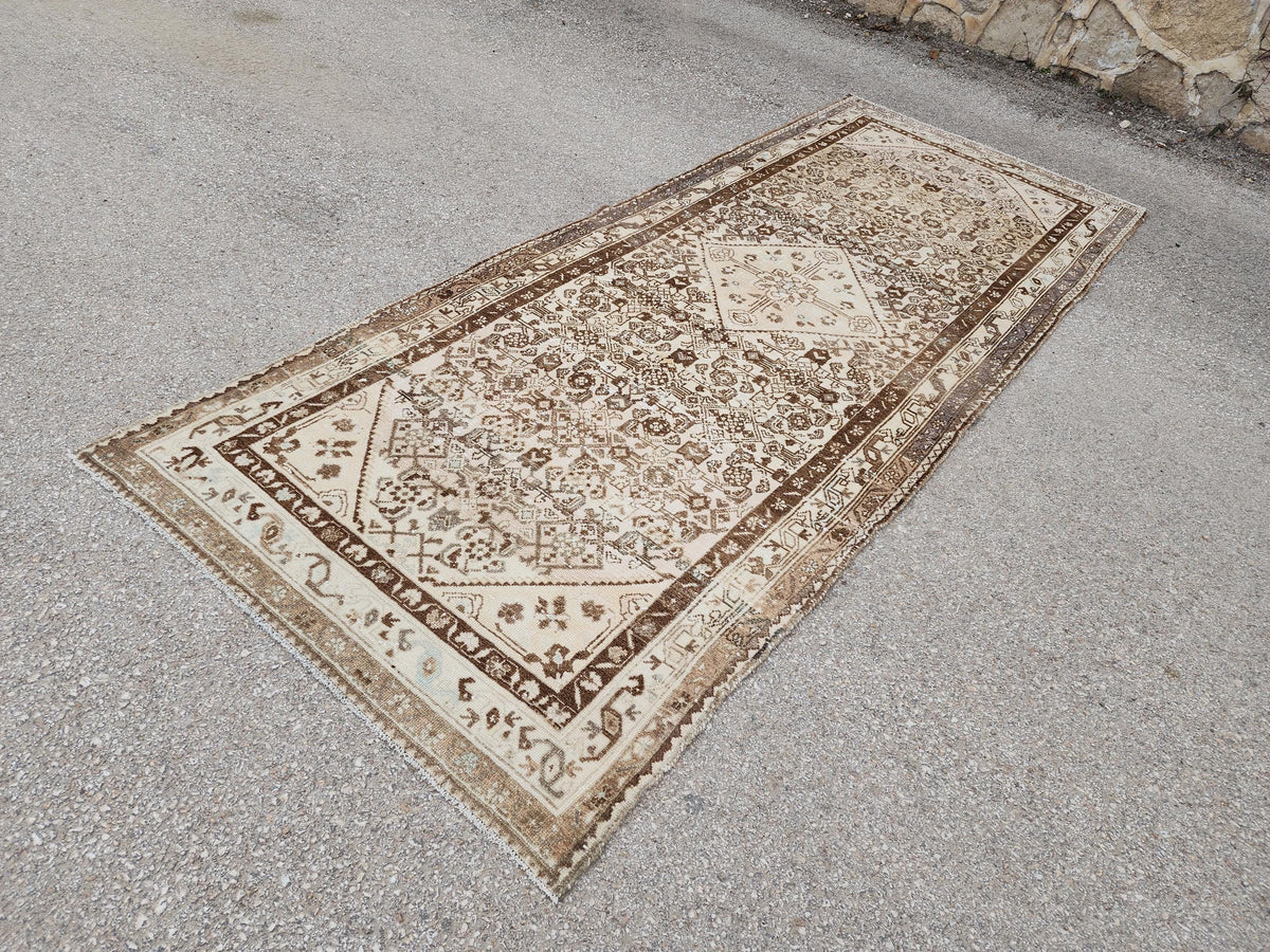 4x10 Neutral Brown Runner Rug, Hand Knotted Rustic Decor, Persian Boho Design