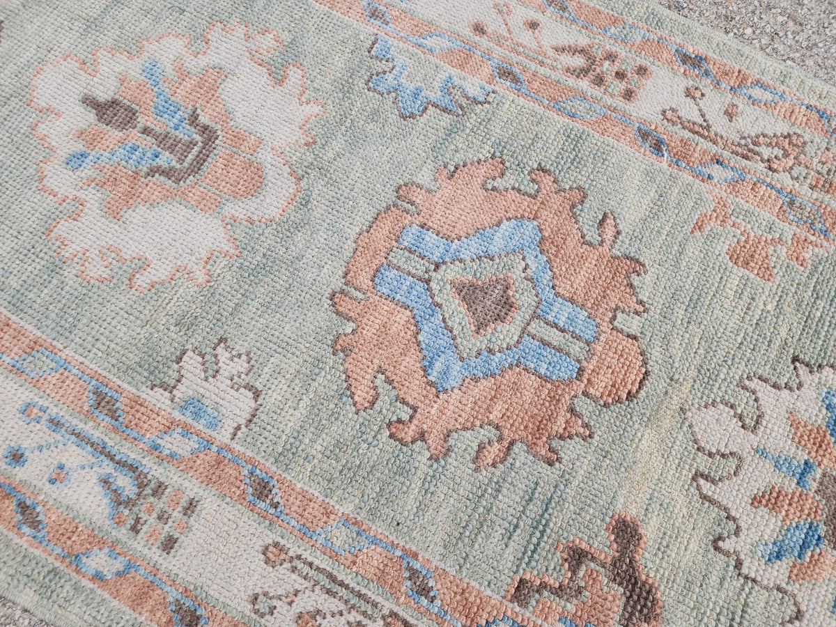 3x13 Oushak Runner Rug: Handwoven Turkish Wool, Soft Green, Eco Friendly