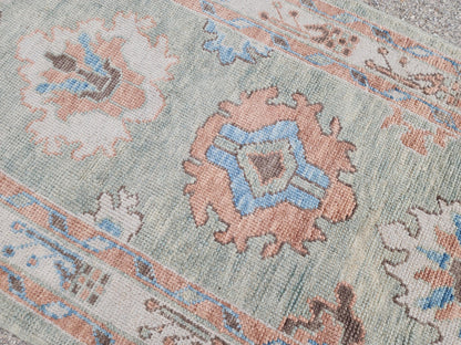3x13 Oushak Runner Rug: Handwoven Turkish Wool, Soft Green, Eco Friendly