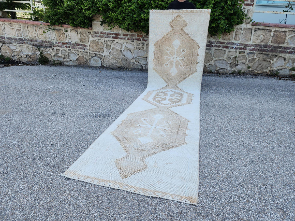3x13 Neutral Turkish Runner Rug: Beige Rustic Hallway Decor