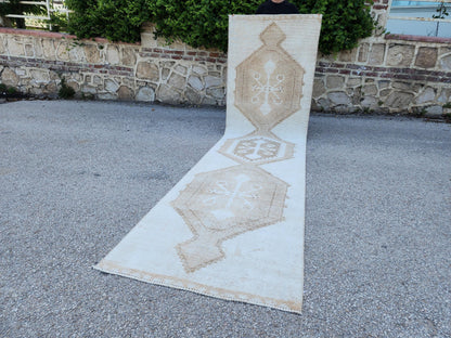 3x13 Neutral Turkish Runner Rug: Beige Rustic Hallway Decor