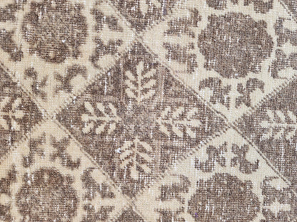 3x7 Vintage Area Rug, Brown Geometric Design Carpet, Hand Made Turkish Wool