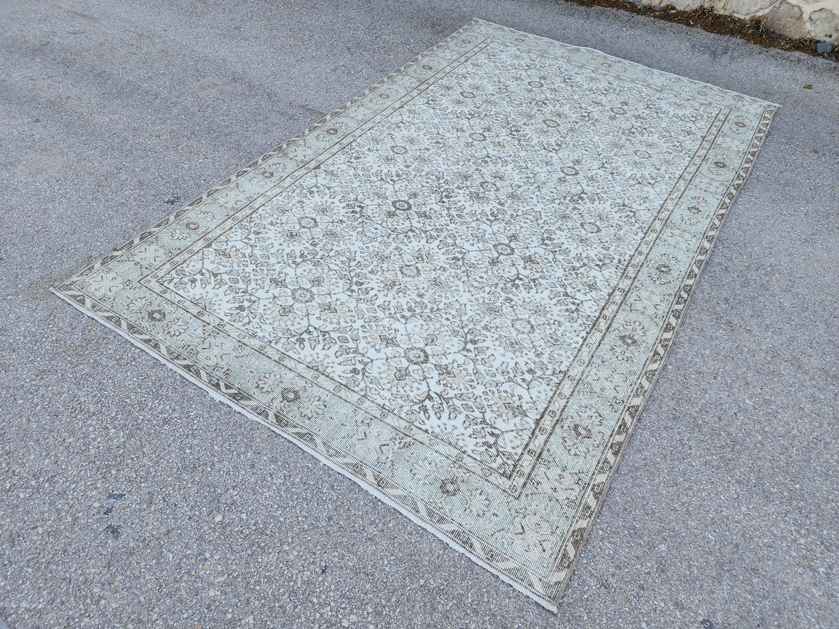 6x10 Vintage Oushak Rug: Handwoven Neutral Wool, Turkish Floral Design Isparta Rug