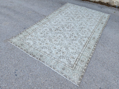 6x10 Vintage Oushak Rug: Handwoven Neutral Wool, Turkish Floral Design Isparta Rug