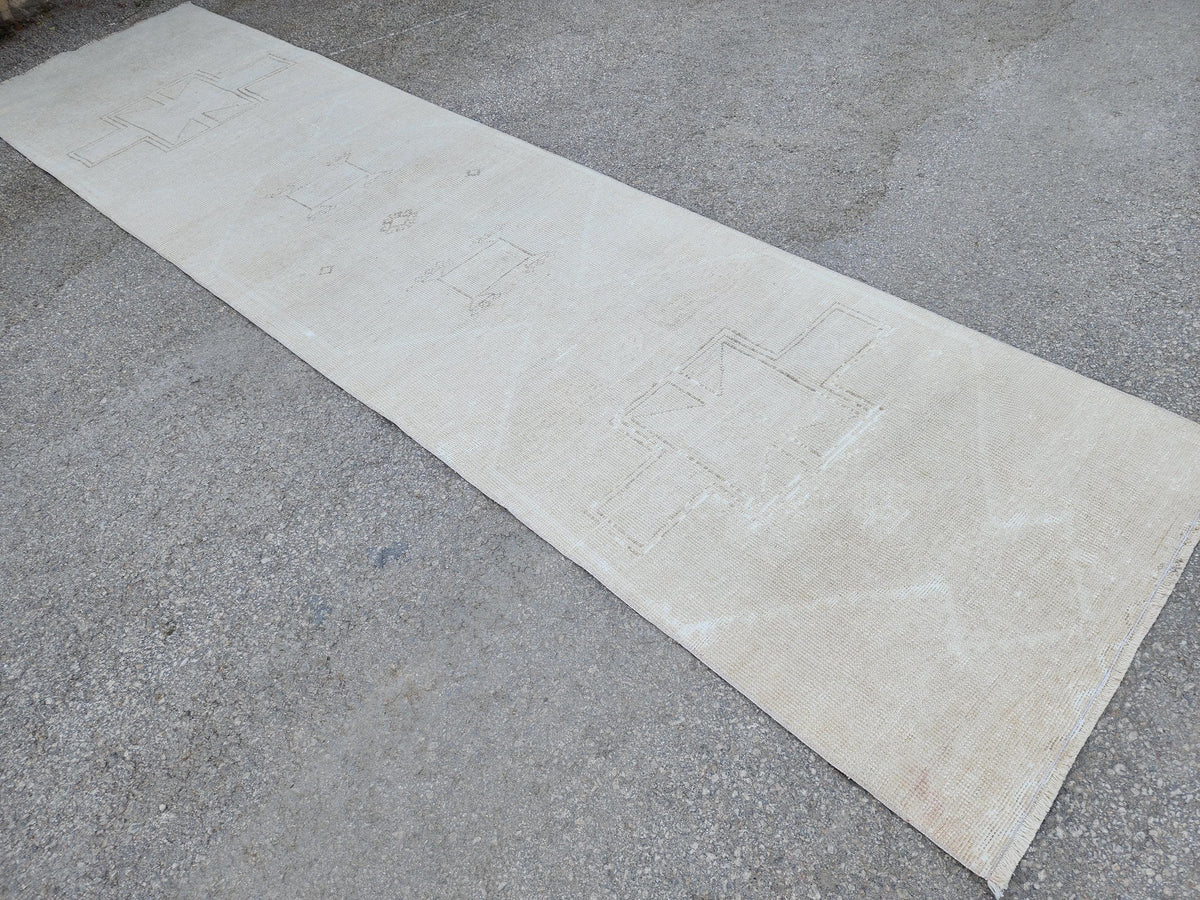 Muted Beige Runner Rug 3x12, Turkish Home Decor Wool Carpet, Hallway Decor