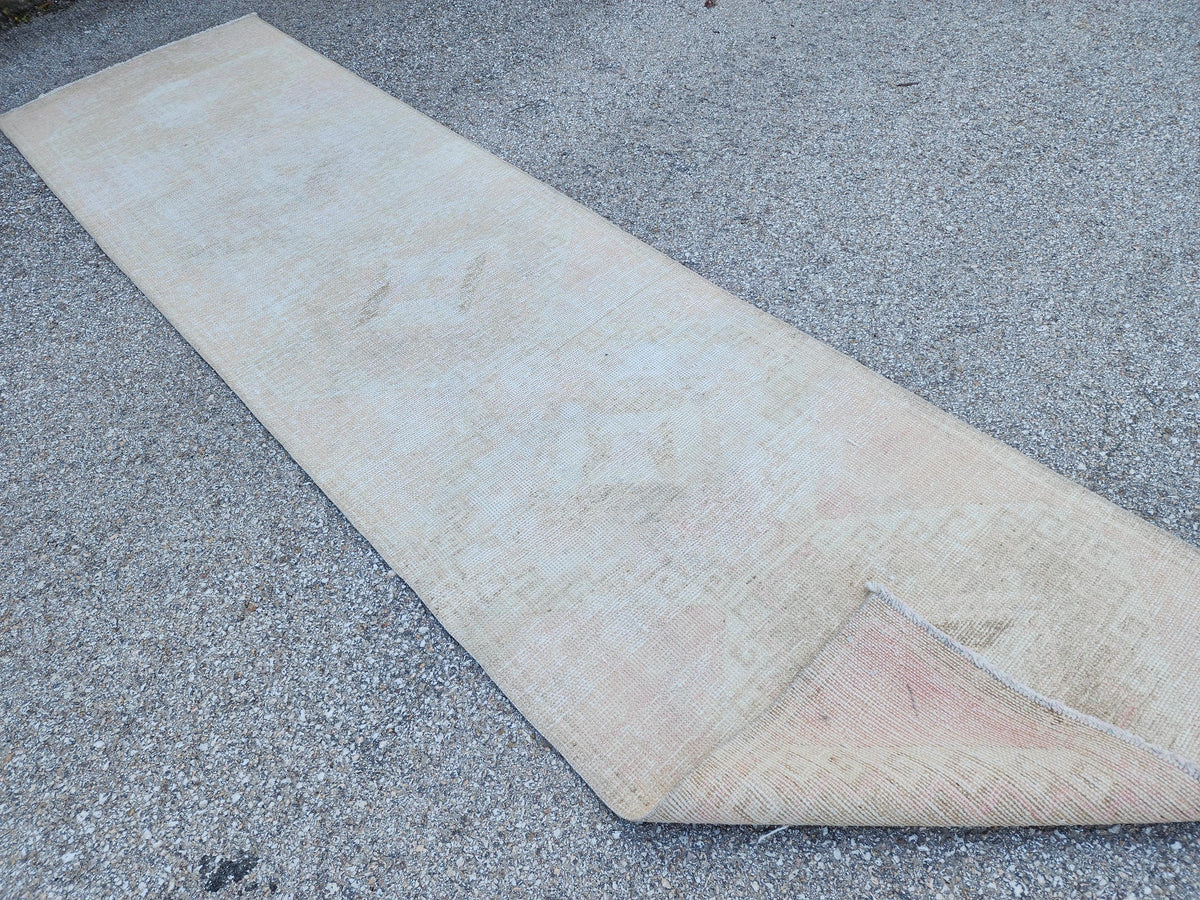 2x11 Neutral Turkish Oushak Runner Rug: Hand-Knotted Rustic Decor
